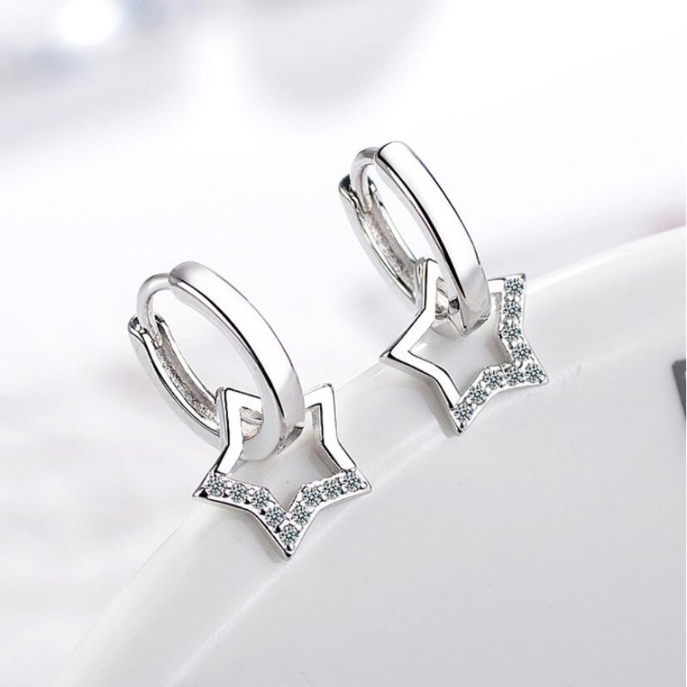 925 Sterling Silver Diamond Star Hoop Earrings E
